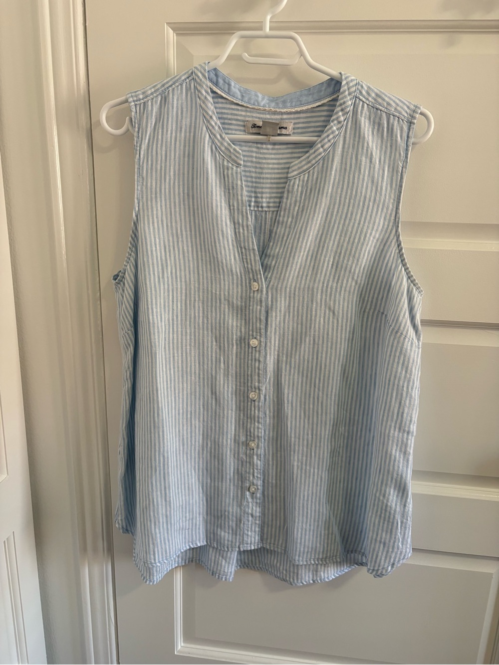 Tommy Bahama Light Blue and White Striped Sleeveless Button-Down Top